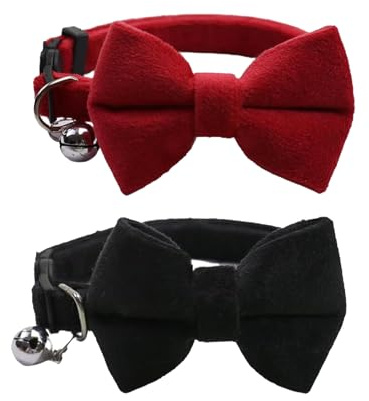 VYNZOR 2 Collari per Gatti in Velluto con Campana e Papillon, Regolabili per Gatti Separati, Gattino Piccolo, Cucciolo di Sicurezza, Papillon Solido Colore Rosso Matt