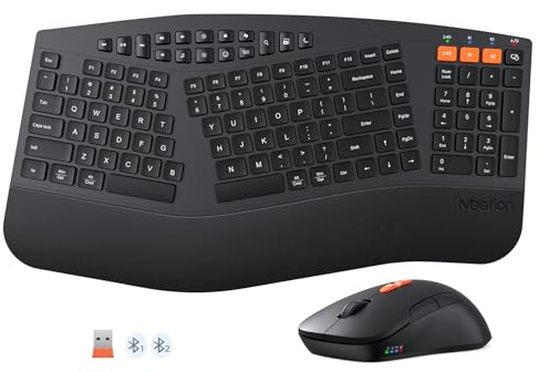 MEETION Ergonomic Keyboard and Mouse, Multi-Device Bluetooth Keyboard and Mouse Wireless, 4 DPI Adjustable Mouse, Full-Sized Split Keyboard, for PC/Computer/Laptop/Tablet/Window/Mac