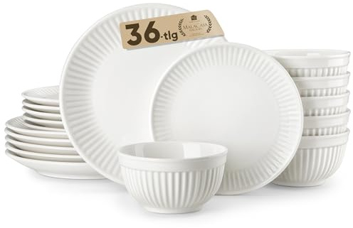 MALACASA Leila Series Tableware Set for 12 People, 36-Piece Porcelain Dinner Service, Ribbed Textured Crockery Set, Scandinavian Bowl and Plate Set, White,