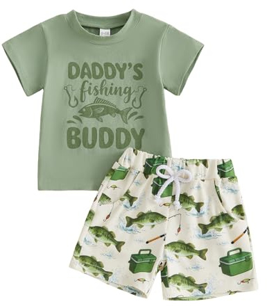 Bagilaanoe Toddler Summer Clothes Baby Boy Short Sleeve T-Shirt and Shorts Daddy’s Fishing Buddy Outfit 2PCS Set (Light Green, 6-12 Months)