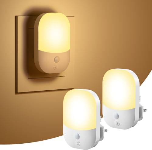 2 Pack Night Light Plug in Wall, Auto On/Off Dusk to Dawn Sensor, 5 Adjustable Brightness Levels, 3000K Warm White LED for Bedroom Hallway Stairs Nursery Kitchen, 0.3W
