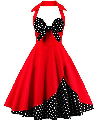IWEMEK Damen Halter Vintage 1950er Rockabilly Retro Kleider Elegantes 50er Pinup Hepburn-Stil Swing Neckholder Knielang Abendekleider Partykleider Cocktailkleider Faltenrock # Rot Polka Dots L