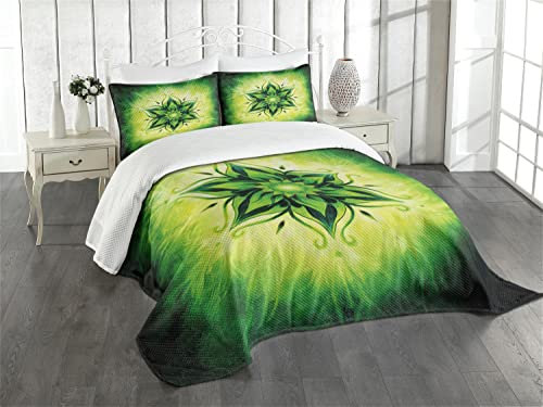 ABAKUHAUS Blatt Tagesdecke Set, Esoteric Mystical, Set mit Kissenbezügen Waschbar, für Doppelbetten 264 x 220 cm, Lindgrün