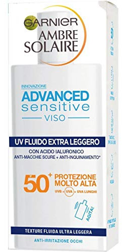 Garnier Ambre Solaire UV Fluido Viso Extra Leggero Advanced Sensitive, SPF 50+, Protezione Molto Alta, Arricchito con Acido Ialuronico, 50 ml