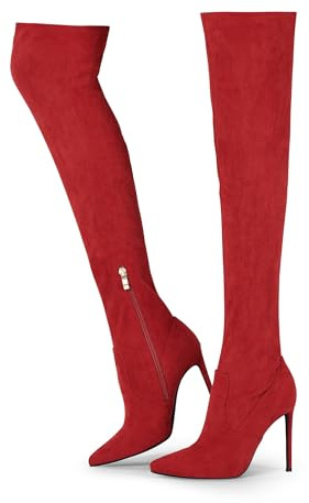 Elisabet Tang Thigh High Boots Over the Knee Boots for Women,Sexy 4.3 inch Stilettos High Heels Boots Stretch Suede Long Pointed Toe Shoes Red Suede Size 10