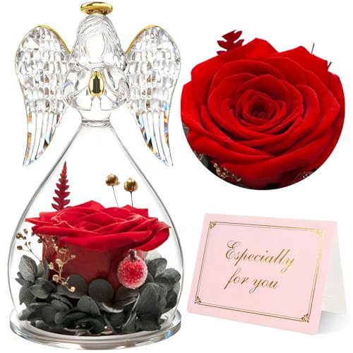 Yamonic Mom Birthday Gifts for Women, Preserved Roses Forever Flower in Glass Angel Figurines Gifts for Moms Grandma, Real Fresh Flowers Christmas Mothers Day Anniversary Valentines Gifts for Her(Red)