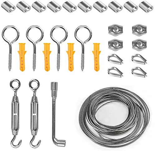 THATSRAD 30 Teillig Drahtseil 15M Edelstahl Seil stahlseil mit ösen Ummantelt Stahlseil-Kit Drahtseil mit Spannschloss Seilspanner Drahtseilklemme für Gespannte Seil Außenleuchten Aufhängeset
