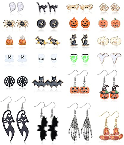 LOLIAS 24 Paires Boucles D'oreilles Halloween Chauve-souris Chat Araignée Citrouille Sorcière Pour Femme Toile D'araignée Citrouille Boo Fantôme Tête Mort Boucles D'oreilles Bijoux Halloween