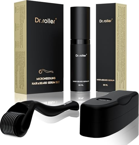 Dr.roller Kit Crescita Capelli Barba, Derma Roller 0,5mm, Olio da Barba, Rullo Microneedling Capelli Viso Stimola la Crescita dei Barba della Capelli per Uomo e Donna