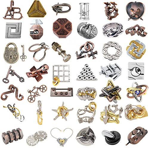 Knobelspiele Metall Puzzle Set, Joyeee Zaubertrick Spielzeug Denkaufgabe IQ Geist Test Lernspielzeug für Party Mitgebsel Erwachsene Teenager und Kinder Herausforderung, Hohe Schwierigkeit, 42Stück - A