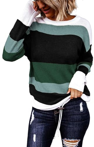 Dokotoo Sweaters for Women Oversized Long Sleeve Crew Neck Boho Chic Clothing 2025 Fall Fashion Striped School Outfits Womens Sweaters Cute Tops Dark Green