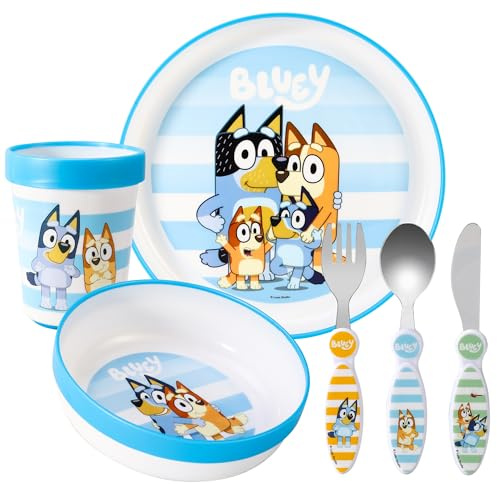 Bluey Kids 6 Piece Reusable Dinner Set - Plate/Bowl/Cup/Knife/Fork/Spoon - Childrens Dinnerware Tableware Cutlery Set