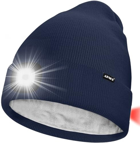 ATNKE Unisex 8 LED-upplyst beaniemössa, USB-uppladdningsbar, röd glöd, blinkande larm baklykta pannlampa ljus keps med pannlampa, vinter, varm fodrad, fleece, gåvor för män och kvinnor, Ljus marinblå,