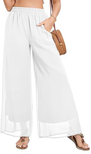 Famulily Women's Chiffon Yoga Wide Leg Pants Beach Cover up Trousers Elastic High Rise Loose Double Layered Bottoms White XXL