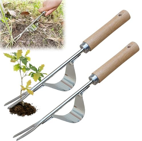 2 Stück Handjätgerät mit Holzgriff, Unkrautstecher für den Garten, Edelstahl Wurzeljäter, Manueller Weeder zum Graben zum Entfernen von Unkraut Pflanzen von Gemüse Blumen Graben Beschneiden Schneiden