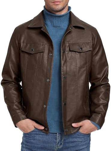 Sailwind Men's Leather Jacket Lapel Collar Motorcycle Coat Snap Button Faux Leather Bomber Jackets (Coffee, XL)