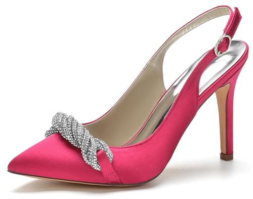 HFWXYSA Scarpe da Sposa Slingback da Donna Tacco Alto Décolleté Punta a Punta Scarpe da Festa in Raso con Strass,Rose Red,38 EU