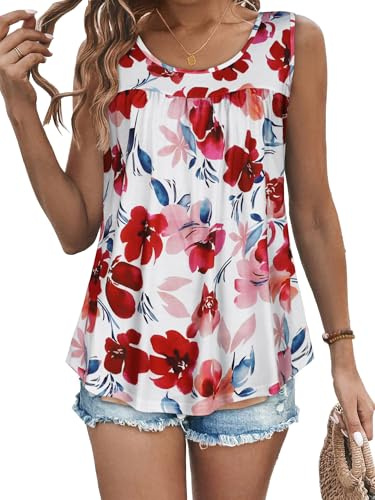 CHICGAL Womens Tank Tops Summer Sleeveless Blouse Crewneck Casual Loose Fit Tunic Shirt(Pink Red Flower, XL)