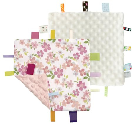 CREVENT Tag Security Blankets for Babies, Soft Small Loveys for Girls, Baby Comforter Sensory Blanket, Great Gifts for Birthday Baby Shower 24X24cm (Wildflow+Ivory)