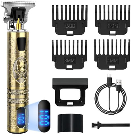 Maquina de Cortar Pelo Hombre, Maquina de Afeitar Hombre con LED, Cortapelos Recortar Barba Sin Cable, Maquinilla Cortar Pelo Para el con 4 Peines
