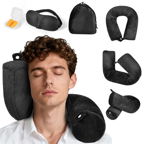 BAVATEE Almohada de Viaje para Cuello, Almohada Avion Cuello con Ajuste Libre, Cojin Cervical Plegable Que Adapta a la Forma y sujeta Toda la Cabeza. Ideal para Aviones/Trenes/Coches/oficinas