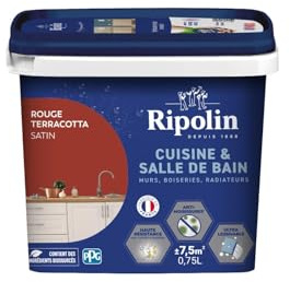 RIPOLIN - Peinture Intérieure Cuisine et Bain – Murs, Boiseries & Radiateurs - Adapté Pièces Humides - Effet Perlant - Lessivable - Haute Résistance - Rouge Terracota - Satin - 0L75