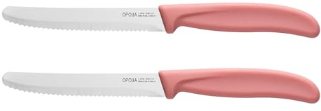 OPOLIA Tomato Knives,Pink Table Knife Set of 2,Serrated Kitchen Knive,Stainless Steel Sharp Dinner Knife,Utility Knifes,Ergonomic Handle Paring Knifes for Vegetable and Fruits,Dishwasher Safe