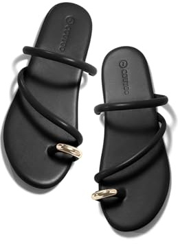 Coutgo Womens Strappy Flat Sandals Square Open Toe Flip Flops Slides Toe Ring Metal Summer Dress Shoes, Black, size 7.5