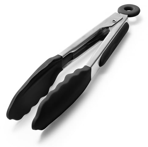 Doosu Kitchen Cooking Silicone Tongs，315℃ Heat Resistant Locking Tong with Non-Scratch Tipped, 18/8 Stainless Steel Heavy Duty Utensils for BBQ, Air Fryer, Serving Salad (18cm, Black)