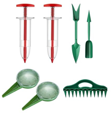 Vauki Spargitore per semina, 7 pezzi per semina, 2 rossi+2 verdi 5 livelli+2 strumenti + 1 perforatrice per terreno, in plastica portatile, precisione in giardino