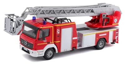 Bburago B18-32018 Camion dei Pompieri Mercedes ATEGO Magirus DLK pressofuso con Braccio funzionante, Rosso, Medio