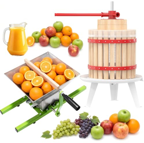 YRHome 12L Pressoir à Fruits de Table et 7L Broyeur à Fruits Manuel pour Préparation de Moût, Extracteur pour Jus Vin Raisin Cidre, Broyeuse avec Bois Compressés, Presse à Pommes