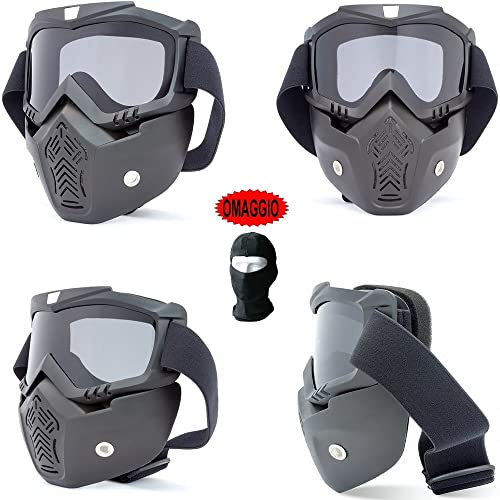 COMPATIBILE CON Momo design MASCHERA VISIERA CASCO PER MOTO, SCOOTER, MOTOCROSS, SCI, PAINTBALL CON OCCHIALI FUMÈ SEPARABILE PER CASCHI JET, INTEGRALE, MODULARE, CROSS MASCHERINA RIMOVIBILE NERA