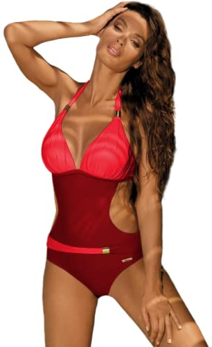 JFAN Dam One Piece Kostym V-Neck Top Halter Bikini Push Up Badkläder Retro Färgblock Hög Cut Monokini, Bourgogne, M