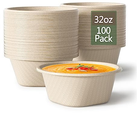 32 Ounce Large Paper Bowls Disposable Soup Bowl Disposable Heavy Duty Compostable Bowls, Eco-friendly Sugarcane and Bamboo Bagasse Biodegradable Bowl for Soup, Salad, Dessert, Ice Cream [100 Pack]