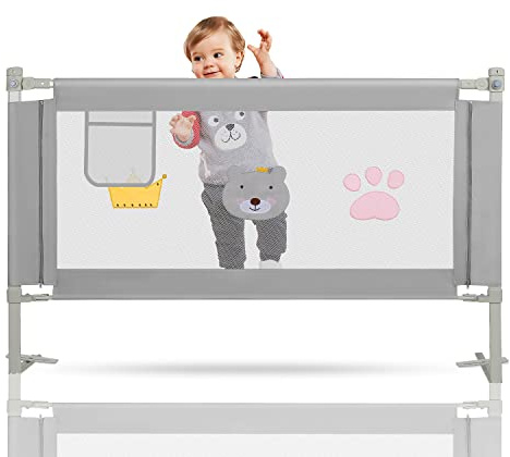 Ikodm Rejilla de protección para Cama de 200 cm, Altura Regulable de 70 a 98 cm, protección contra caídas, para cunas, para niños, Rejilla de Cuna Estable y fácil de Montar, Color Gris Bordado