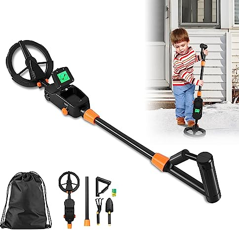 YARDIN Rivelatore di metallo per bambini, rilevatore di metallo, con display LCD e suono per oro, argento e tutto il metallo, con zampe, pala, borsa zaino e batterie