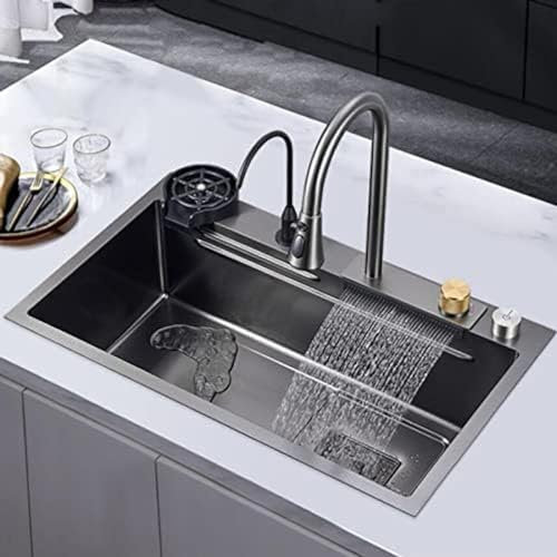 Kitchen Sink 3mm Thick Nano Sink Home Kitchen Black Single Basin Wash Basin Multi -Function Waterfall Out Water Faucet,Black,80 * 45 * 20cm,Striking44