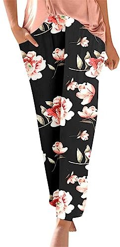 Damen Pant Lange Haremshose Schlupfhose Boho Strandhose Loose Sommerhose Frauen Hose mit Taschen Straight Bein Hose Blumenmuster Leicht Freizeithose Stoffhose Jogginghose Yogahose Sporthose Pumphose