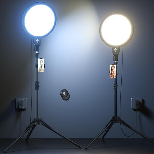 Paquete de 2 Anillos de luz Grandes con 155cm trípode, luz fotográfica Profesional de Pantalla Completa de 6500 K para Selfies, fotografía de Video de Estudio, transmisión en Vivo, grabación de Video