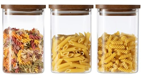 QuaLife Förvaringsburkar 3-pack (1100 ml) – Borosilikatglas med lock av akaciaträ, lufttäta och stapelbara, fyrkantiga glasburkar för kaffe, müsli, pasta och livsmedel