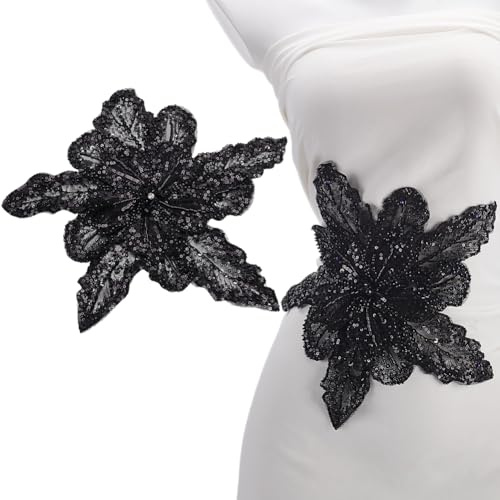 MAYJOYDIY Schwarze 3D Pailletten Blumen Applikation Funkelnde Pailletten Spitzenflicken Zum Aufnähen Mit Broschennadel Doppellagige Spitzenapplikation Mit Blumenmuster Für Partykleider DIY Nähstoff
