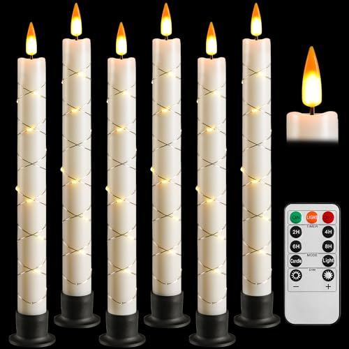 6 Bougies LED Bâton Ivoire à Guirlande Lumineuse Entrelacée, Flamme Scintillante Réaliste, Télécommande & 6 Socles Offerts, Résistantes à la Chaleur, Réutilisables pour Déco Intérieur et Extérieur