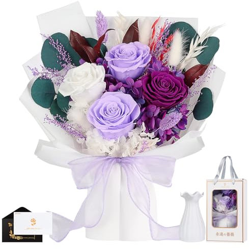 Roses Bouquet with Vase,Forever Bouquet Flowers, Eternal Preserved Real Rose, Gifts for Woman Wife Girlfriend,Gifts for her on Birthday, Anniversary, Valentine's Day, Mother's Day, Christmas(Purple)