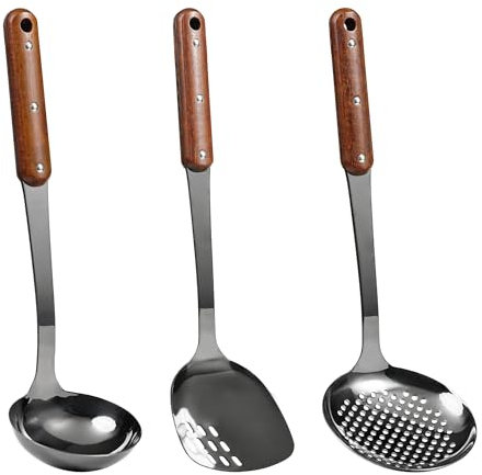 FJNATINH Juego de 3 espátulas para wok, espumadera y cucharas para wok de acero inoxidable 304, con mango de madera resistente al calor largo, es un bonito regalo para los amantes de la cocina