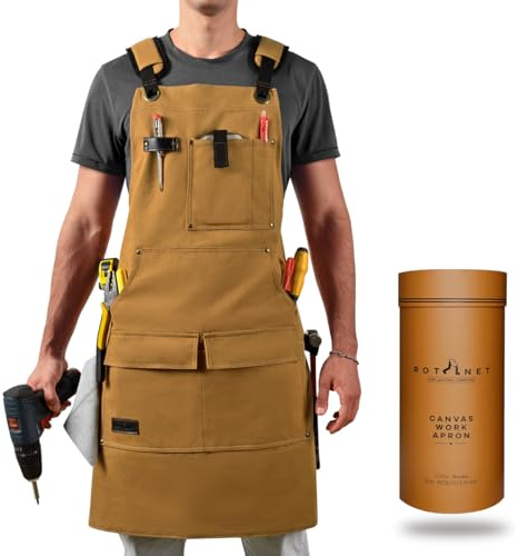 ROTANET Woodworking Apron for Men, Canvas Work Aprons Waterproof Heavy Duty with Tool Pockets Adjustable for Shop Carpenters Woodworkers Mechanic, Mens Gifts for Dad Workshop Wood Metal Working Brown