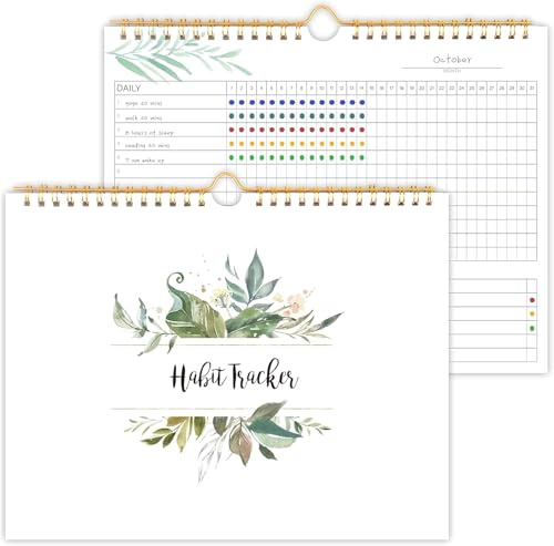 Calendario de seguimiento de hábitos, 12 meses sin fecha, diario, semanal y mensual, diario de seguimiento de hábitos, floral vegetal, encuadernación en espiral con objetivos para escribir