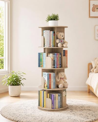 Quikraen 4-Tier Rotating Bookshelf，360° Rotating Storage Rack，Oak Color