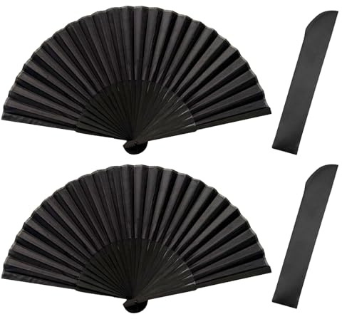 KinetiCore Hand Fan Folding, 2 Pcs Handheld Folding Fan, Fabric Hand Fan, Paper Fan, Rave Fan,Black Hand Fans for Women Folding, Chinese Handheld Fans for Wedding Party Decoration Birthday Gifts