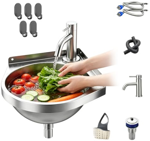 Stainless Steel Corner Sink with Hot and Cold Water Taps, 21 * 21 * 15cm | Wall Mounted Triangular Basin, Space Saving Basin Sink, Small Kitchen Single Bowl Commercial Hand Basin for Boat, Restaurant
